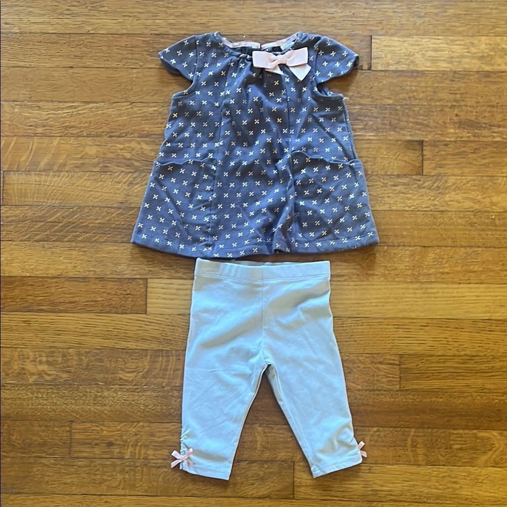 Blue Star Dress with Pink Bow and White Leggings